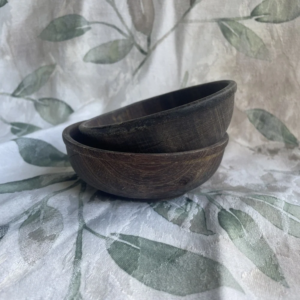 Vintage Hand Carved Honduras Wooden Fruit Bowl Dark Brown Set of 2 Snack Trinket